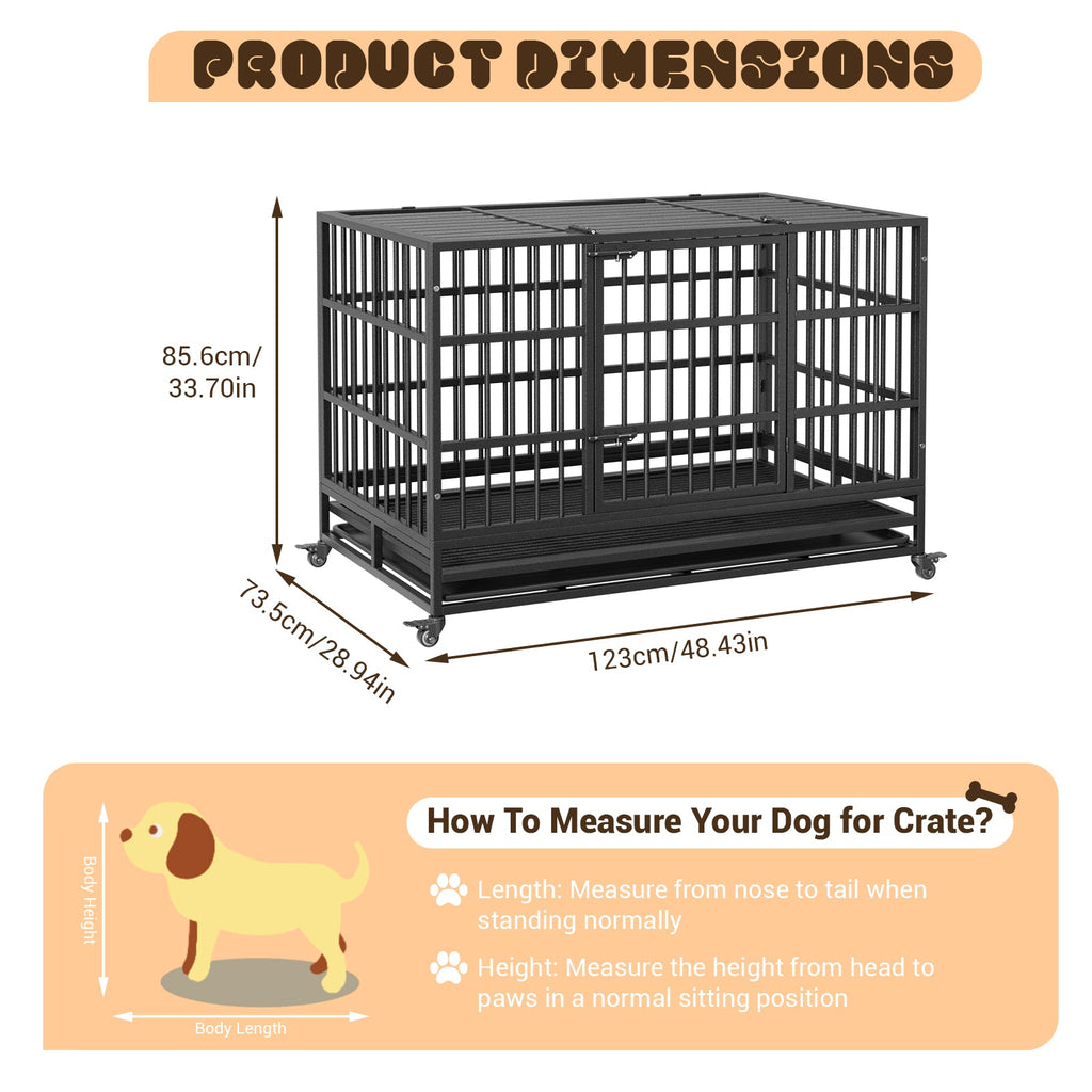 Garvee Heavy Duty Metal Dog Crate – Secure Indestructible Kennel for Small, Medium, Large Dogs, Double Doors, 360° Lockable Wheels, Removable Tray, Easy Assembly, Indoor/Outdoor Use, Size: 48.5inch