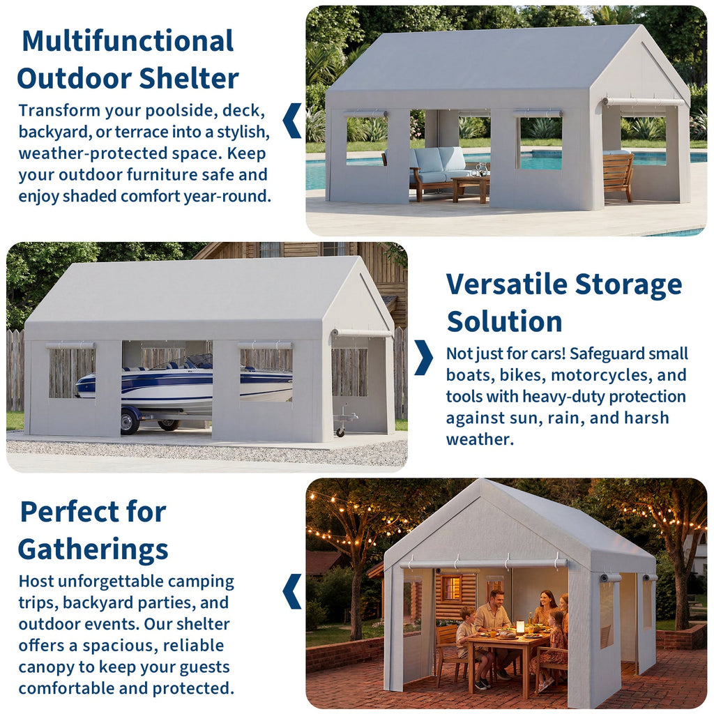 Garvee Portable Carport, 10 x 20 FT White Vehicle Shelter with Galvanized Steel Frame, 4 Roll-Up Doors and 4 Vent Windows for Cars, Trucks and Boats