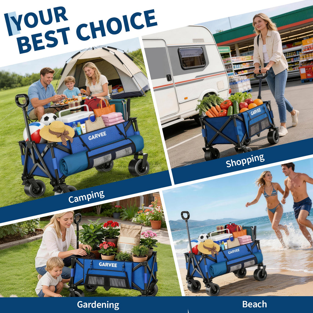 Garvee Heavy Duty Collapsible Garden Wagon Cart, 280L Large Folding Utility Wagon with 460 lb Capacity, All-Terrain Wheels, Side Pockets, Cup Holders & Storage Cover, Blue