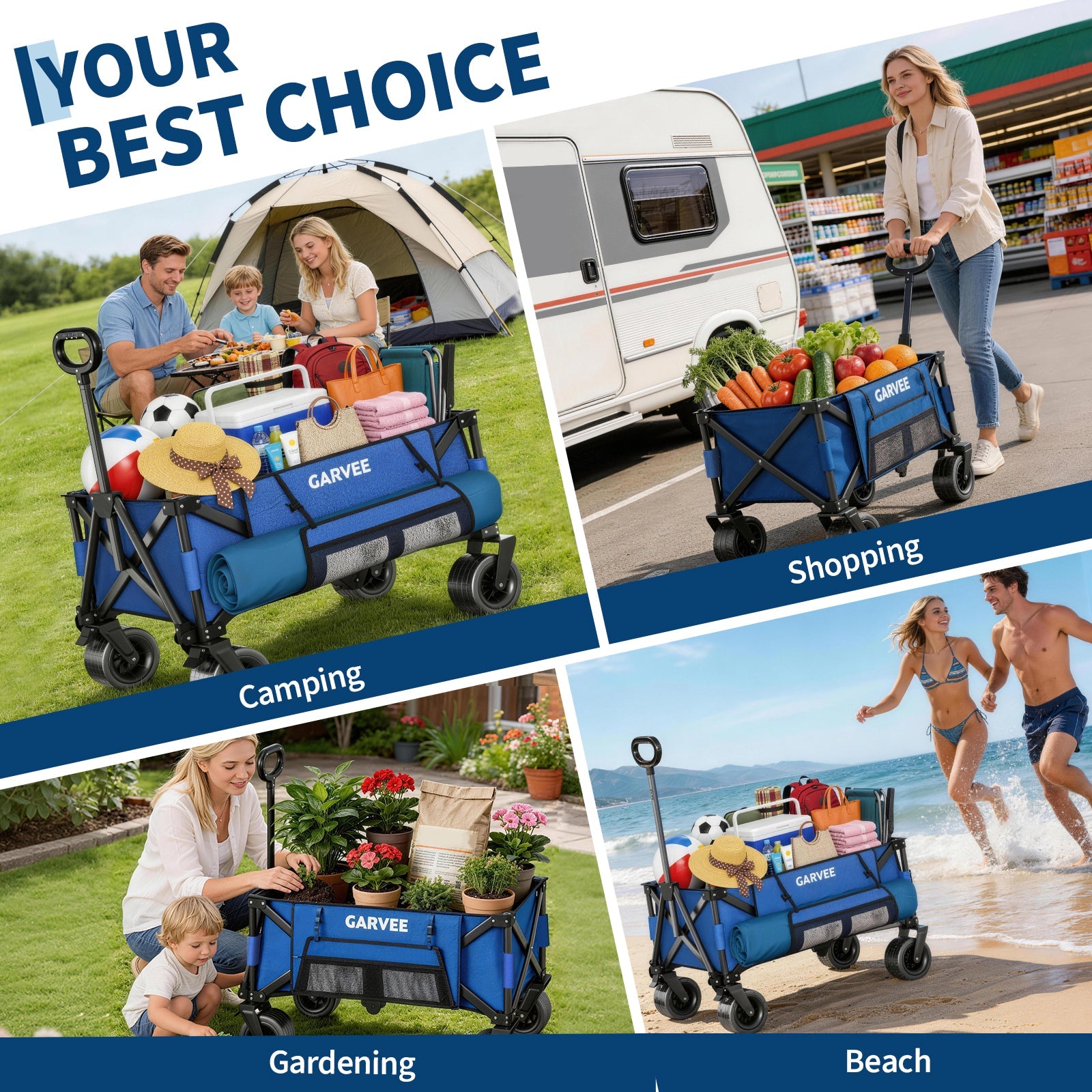 Garvee Heavy Duty Collapsible Garden Wagon Cart, 280L Large Folding Utility Wagon with 460 lb Capacity, All-Terrain Wheels, Side Pockets, Cup Holders & Storage Cover, Blue