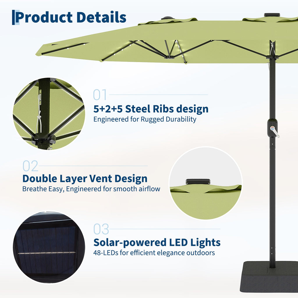 Garvee 15' Rectangular Patio Umbrella with Solar LED Lights & Base, Crank Handle UV-Resistant Outdoor Market Umbrella for Backyard, Pool & Patio, Green