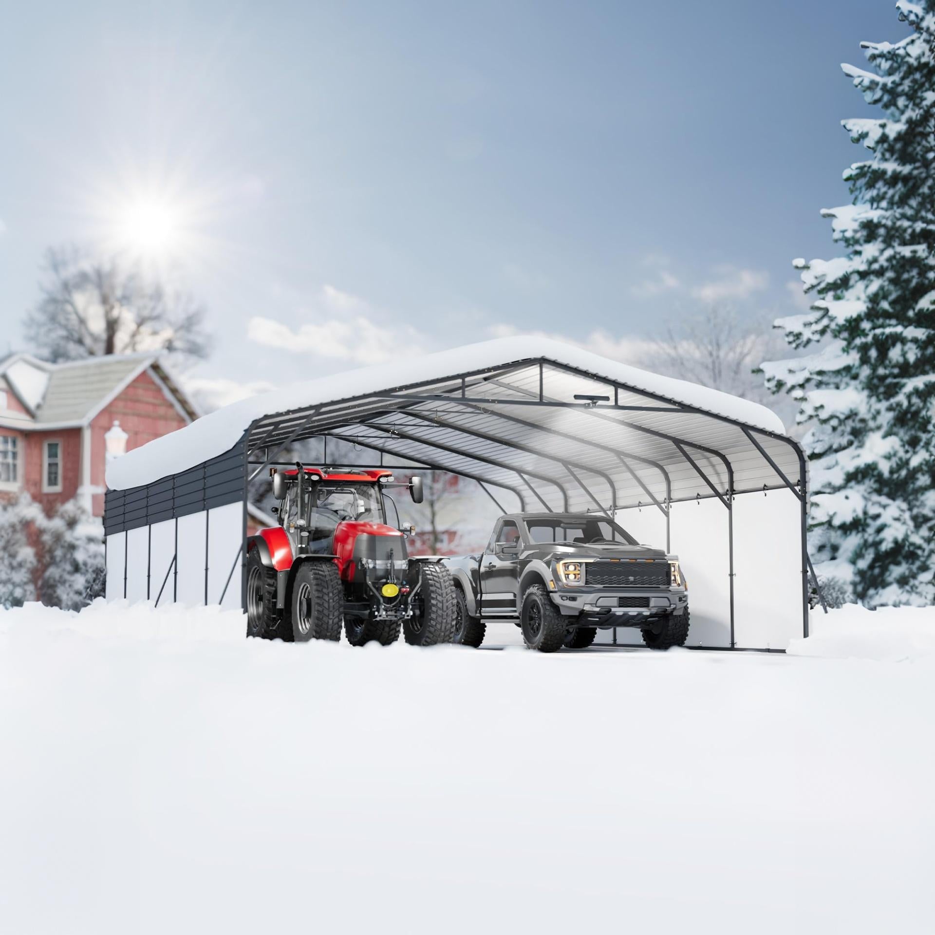 Garvee 20 x 25 FT Heavy Duty Metal Carport, 500 Sq Ft 2-Car Garage Canopy with Galvanized Steel Roof, Removable PE Sidewalls & LED Light for Trucks, Boats and Outdoor Events
