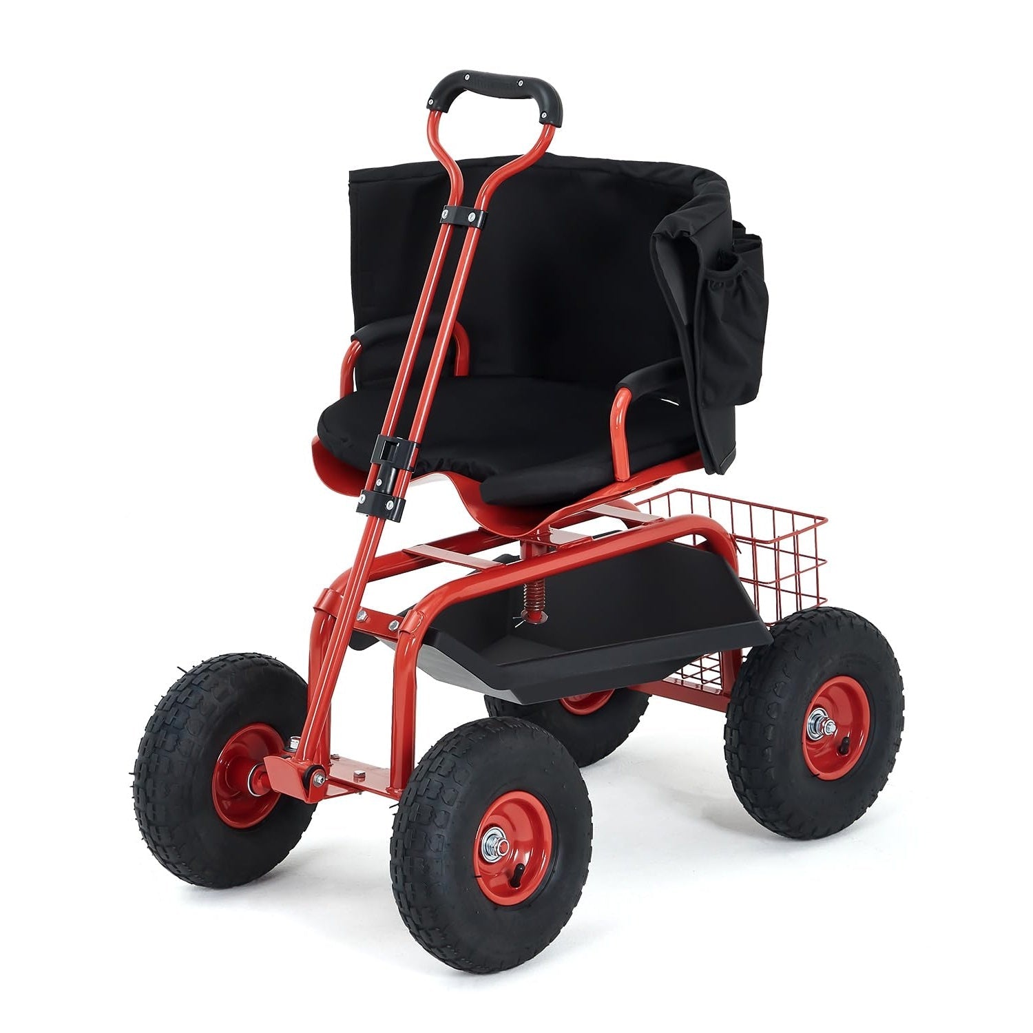 Garvee Rolling Garden Work Seat with Wheels, 360° Swivel Gardening Cart with Extendable Steering Handle, Tool Tray, Storage Basket & 10" Inflatable Tires, 400 lb Capacity Garden Scooter for Yard, Patio & Outdoor Use