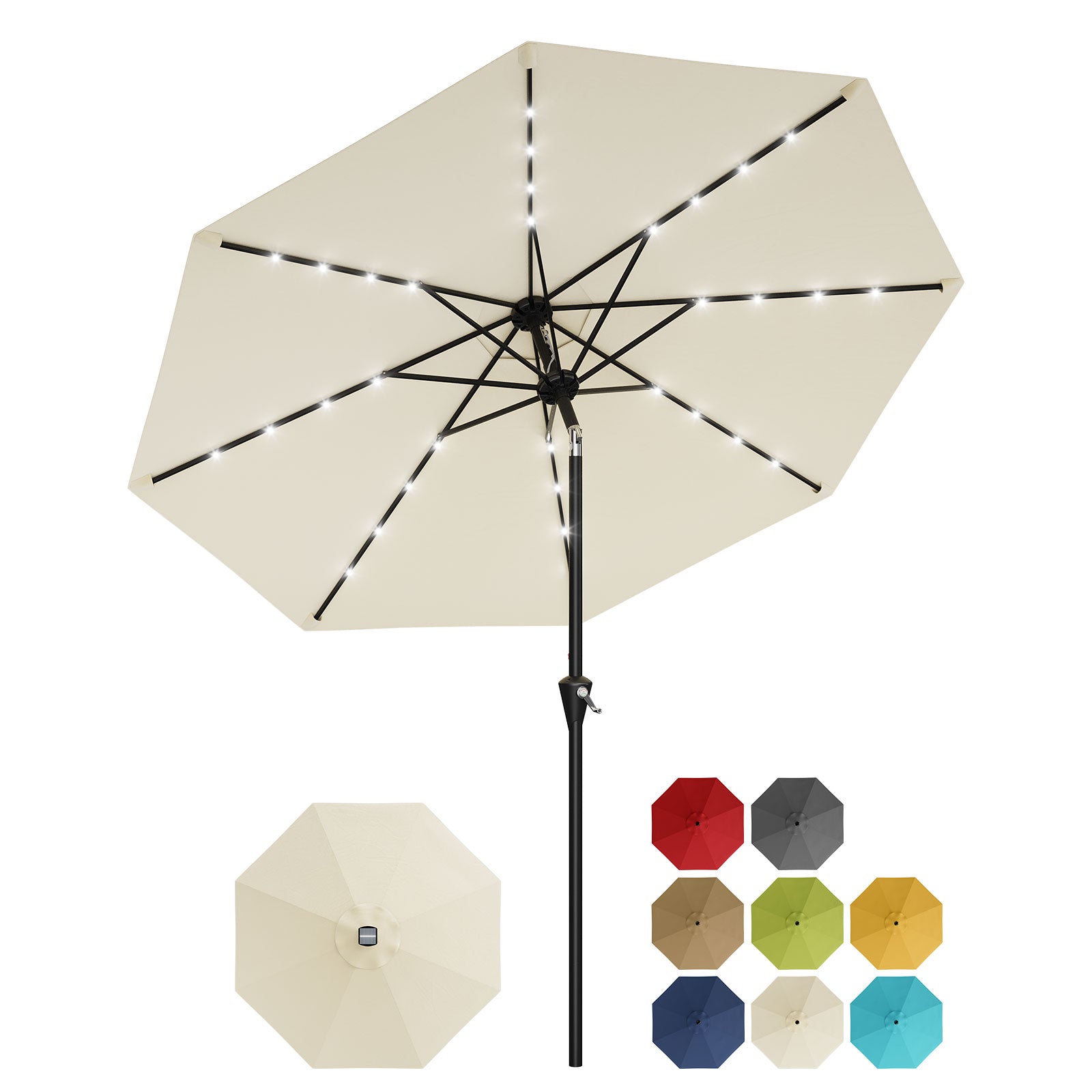 Garvee 9FT Solar LED Patio Umbrella, Waterproof Outdoor Market Table Umbrella with 8 Ribs, Crank Lift, Push Button Tilt, UV Protection for Garden, Pool & Deck, Beige