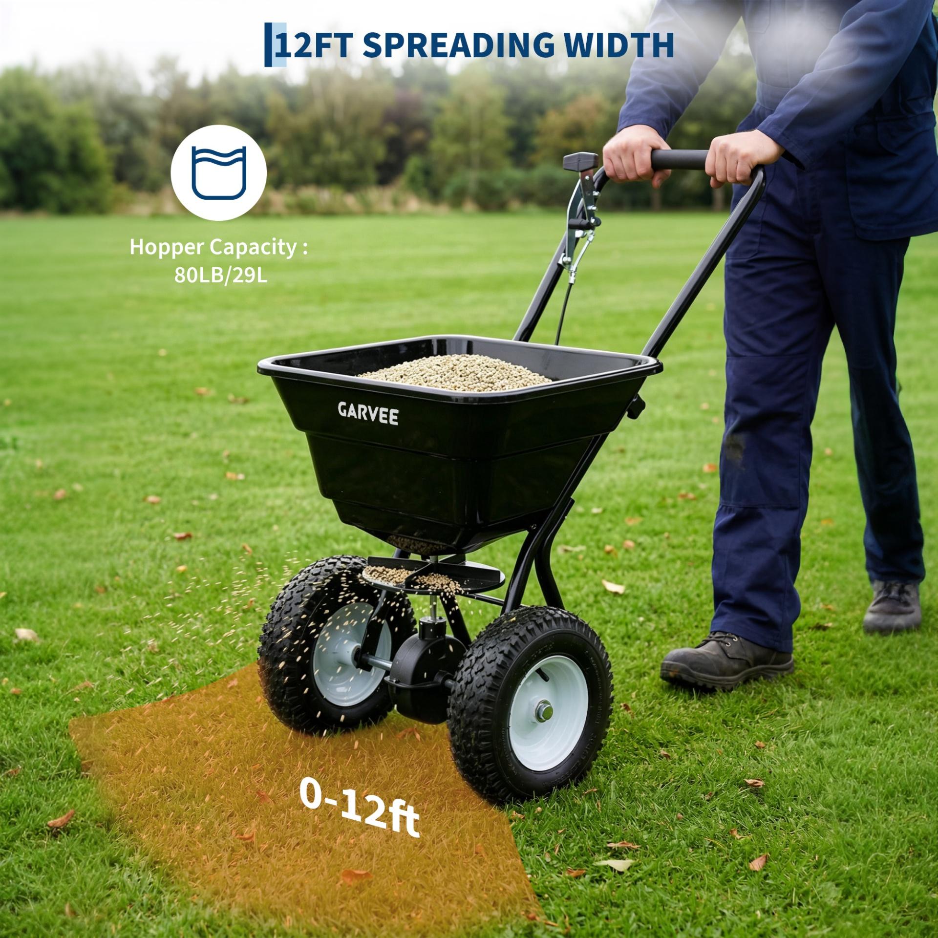 Garvee 80 lb Push Broadcast Spreader, Walk-Behind Lawn & Garden Spreader with 29 L Hopper, 0–12 ft Coverage, 13" All-Terrain Wheels & 20-Level Flow Control for Seed, Fertilizer, Salt & Ice Melt, Black