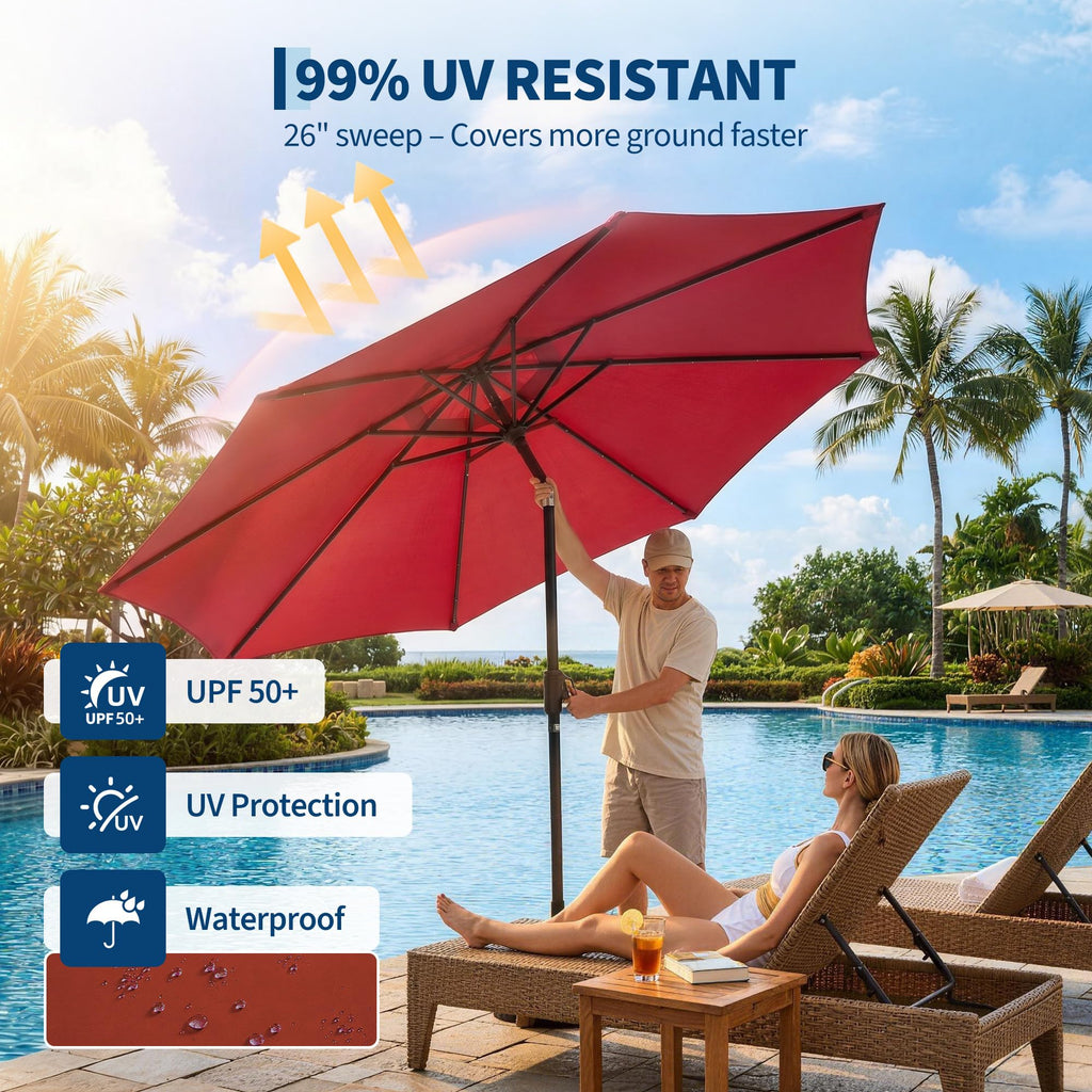 Garvee 10 FT Patio Umbrella with 32 Solar LED Lights, 8-Rib Iron Frame, Crank Lift and Push-Button Tilt for Garden, Deck, Backyard and Poolside, Red