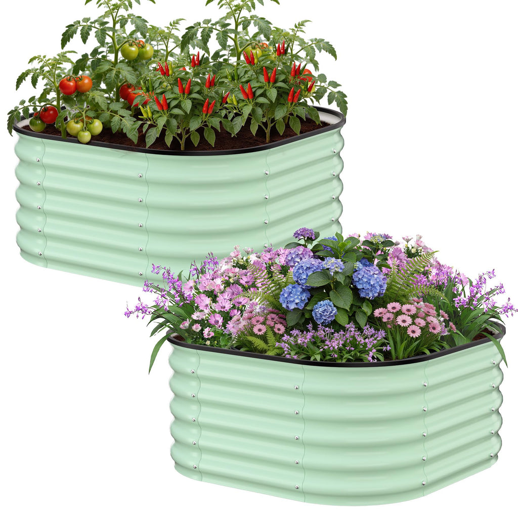 Garvee Galvanized Raised Garden Beds for Vegetables and Flowers, 2-Pack with 3.5 × 3.5 × 1.4 FT and 5 × 2 × 1.4 FT Planters, Olive Green