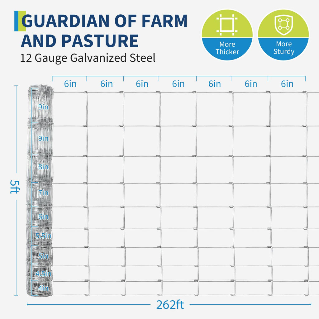 Garvee Heavy Duty Livestock Fence, 5' × 262' Galvanized Woven Wire Roll for Cattle, Goats and Deer