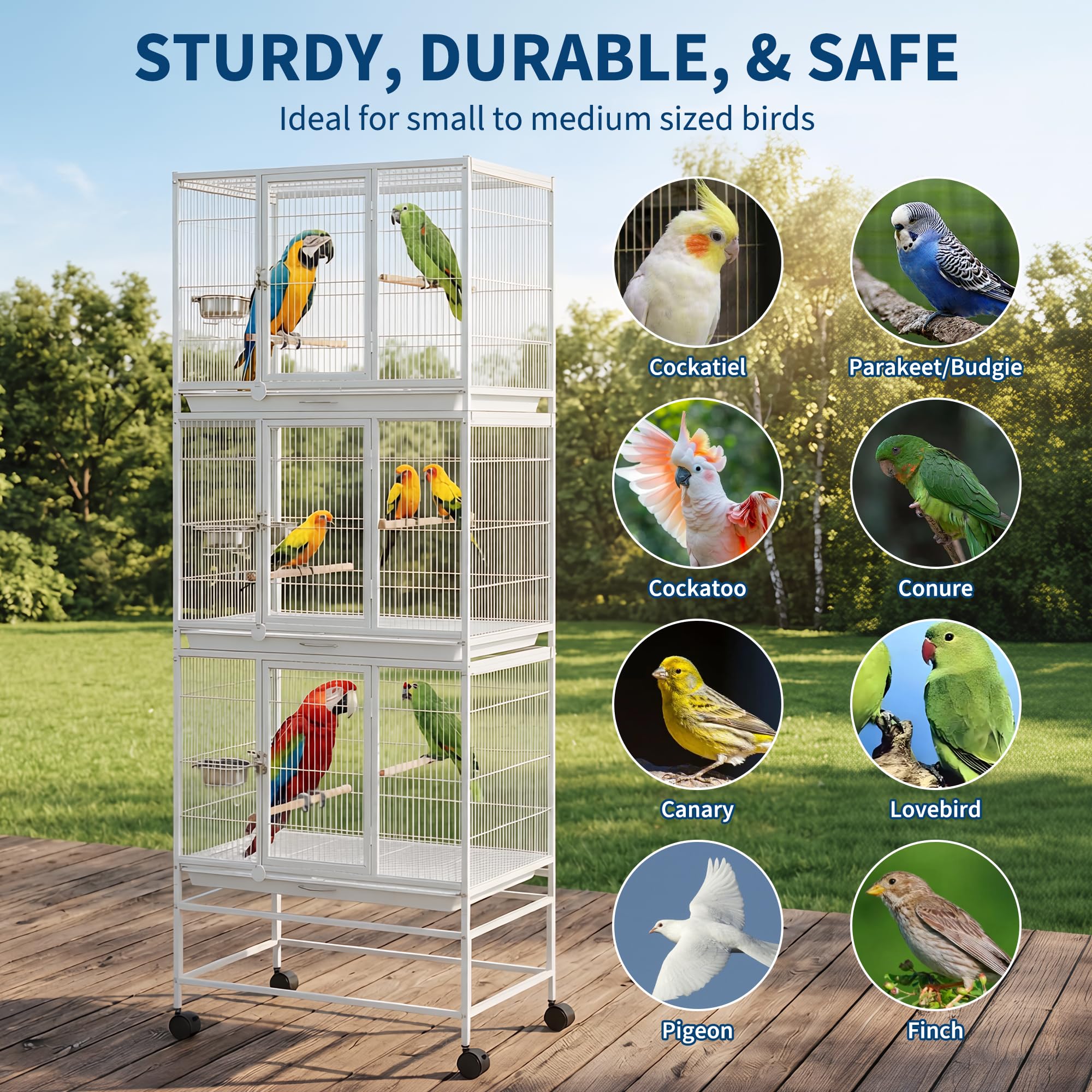 Garvee Heavy Duty Large Bird Cage - 74 Inch Stackable Aviary with 3 Dividable Compartments, Removable Trays, Spacious Flight Enclosure for Parakeets, Cockatiels, Conures, Finches, Easy Clean - White