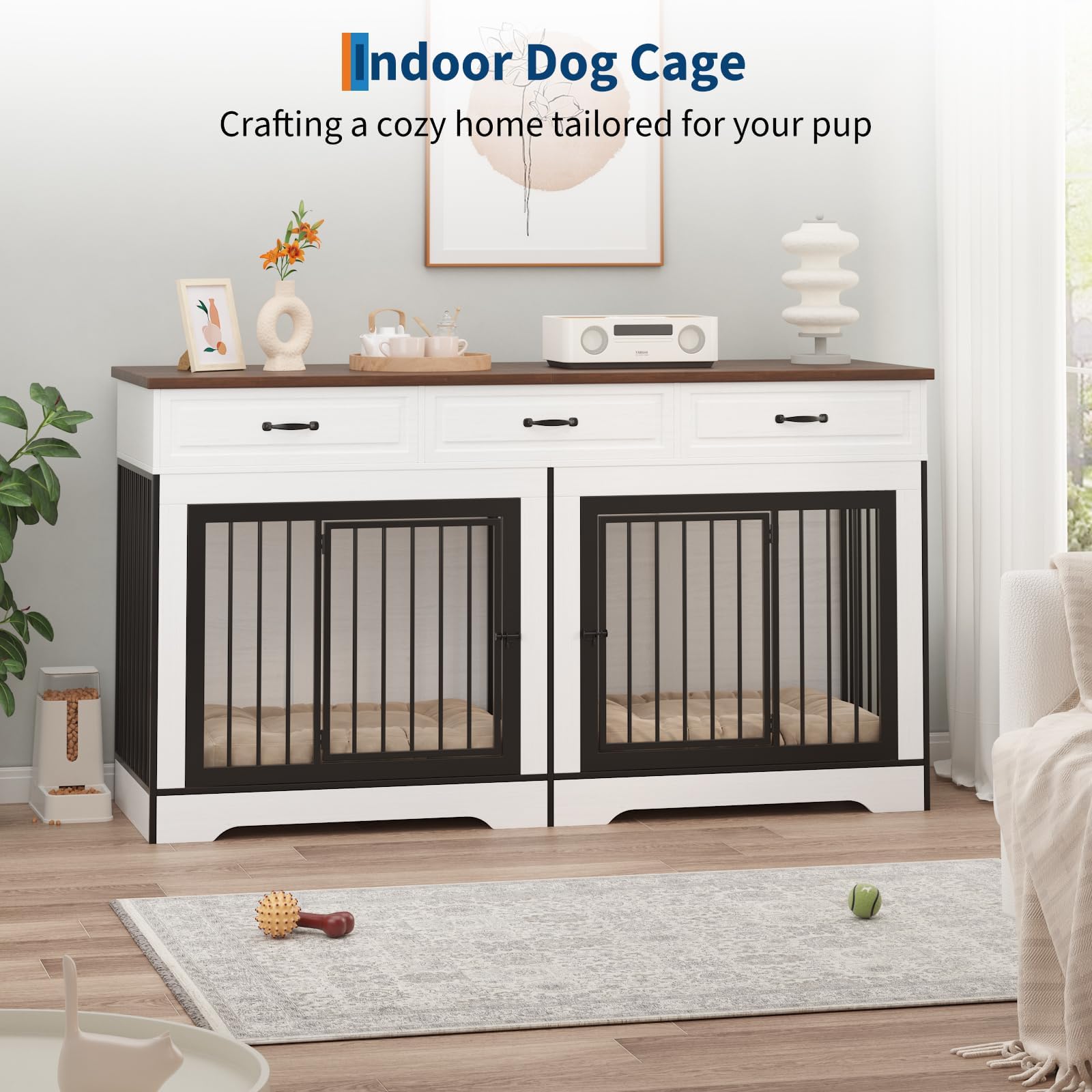 Garvee 71" Dog Crate Furniture for 2 Dogs, Heavy Duty Double Dog Kennel with 3 Drawers, Extra Large Furniture Style Indoor Dog Crate Table TV Stand  for Medium/Large Dogs, White&Walnut
