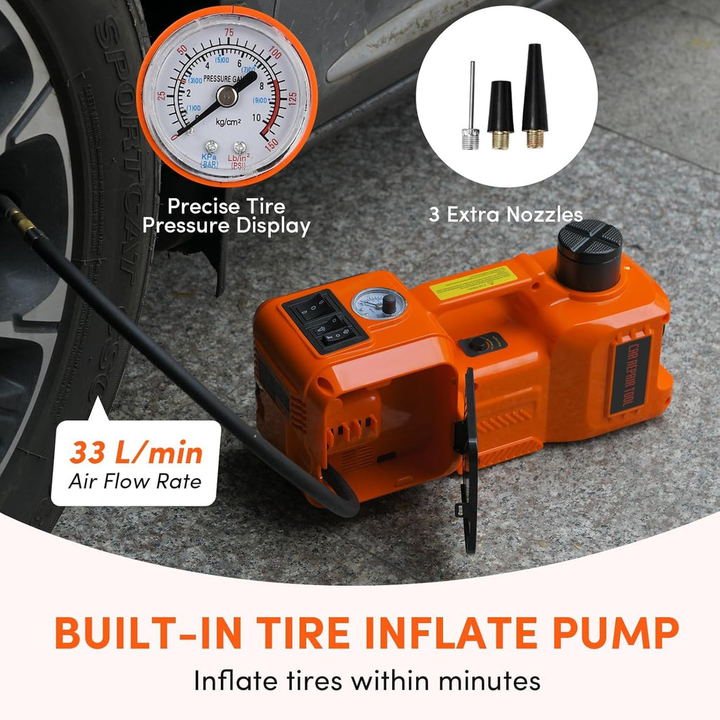 Garvee 5 Ton 12V Electric Hydraulic Car Jack Kit – Tire Inflator Pump & Impact Wrench – Portable Floor Jack Lift – Lifting Range 155-450mm – For Sedan, SUV, MPV, Truck Tire Change, Repair – Electric Jack + Electric Wrench