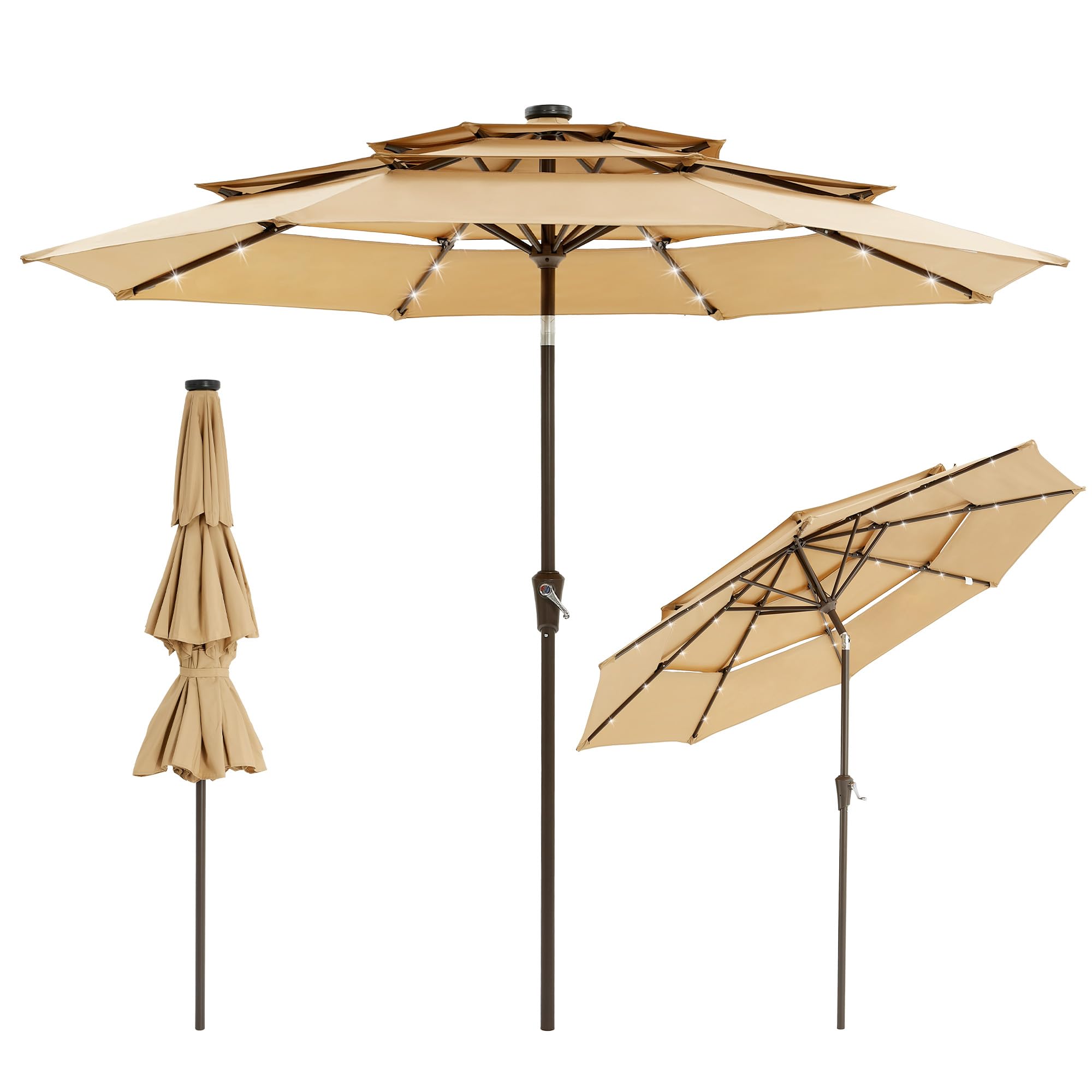 Garvee 10 FT Solar Patio Umbrella, 3-Tier Vented Canopy with 24 LED Lights, 8-Rib Steel Frame, Crank Tilt Market Umbrella for Garden, Pool & Deck, Khaki