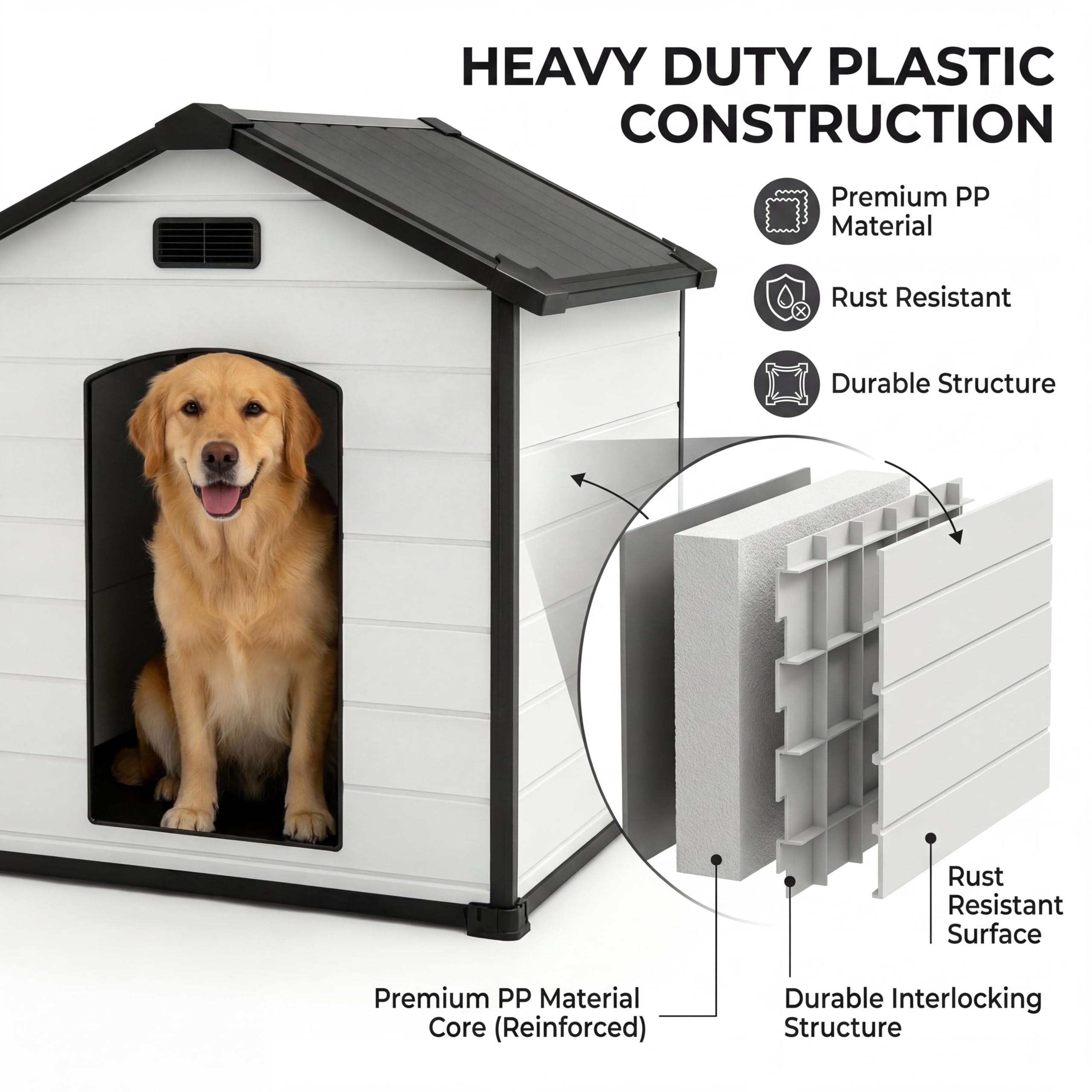 Garvee XLarge Dog House Indoor Outdoor Waterproof, 57" Heavy Duty Plastic Large Breed Dog Kennel with Raised Floor, Removable Roof & Air Vent for Small to XL Dogs, Easy Assembly