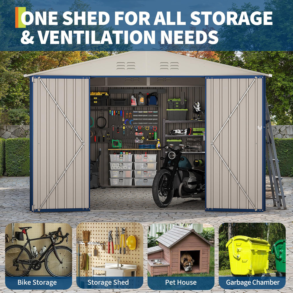 Garvee 10 x 12 FT Metal Outdoor Storage Shed, Weather-Resistant Galvanized Steel Tool House with Lockable Double Doors, Grid Window, Vents & Gable Roof, Navy Blue