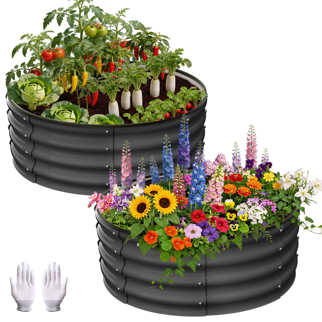 Garvee Round Galvanized Raised Garden Bed 3x3x1FT Heavy Duty Metal Planter Open Bottom Design Weather Resistant Anti-Rust Circular Wave Shape for Vegetables