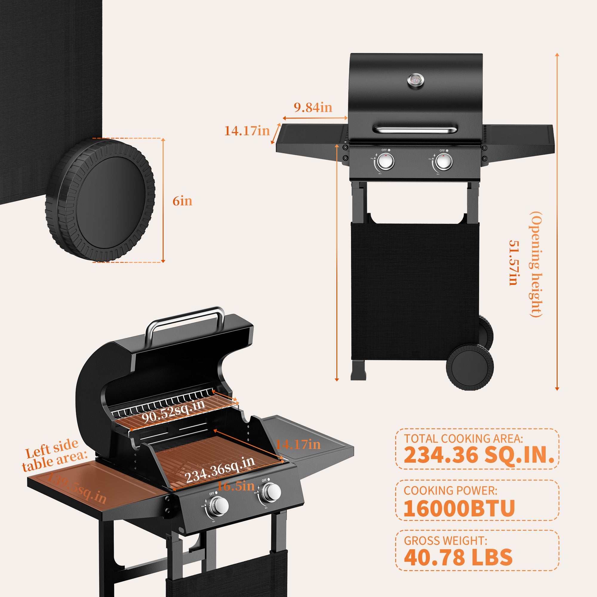 Garvee 2-Burner Propane Gas Grill – 16,000 BTU Matte Black BBQ Cart Grill with Cast Iron Grates, Foldable Side Tables, Built-in Thermometer & Warming Rack for Patio, Tailgating, Camping