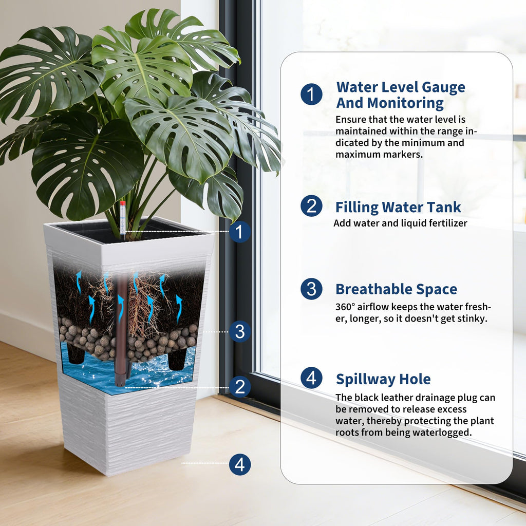 Garvee Self Watering Tall Planters Set of 2, 22.5" Front Porch Planter Pots with 11.7" Opening, Water Level Monitor & Drainage Holes for Indoor Outdoor Plants, White