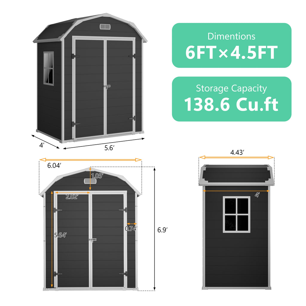 Garvee 6×4.5FT Resin Outdoor Storage Shed, Waterproof Garden Tool Shed with Floor, Window, Vents, Lockable Door & Ramp, UV-Resistant Patio Storage House for Backyard, Black