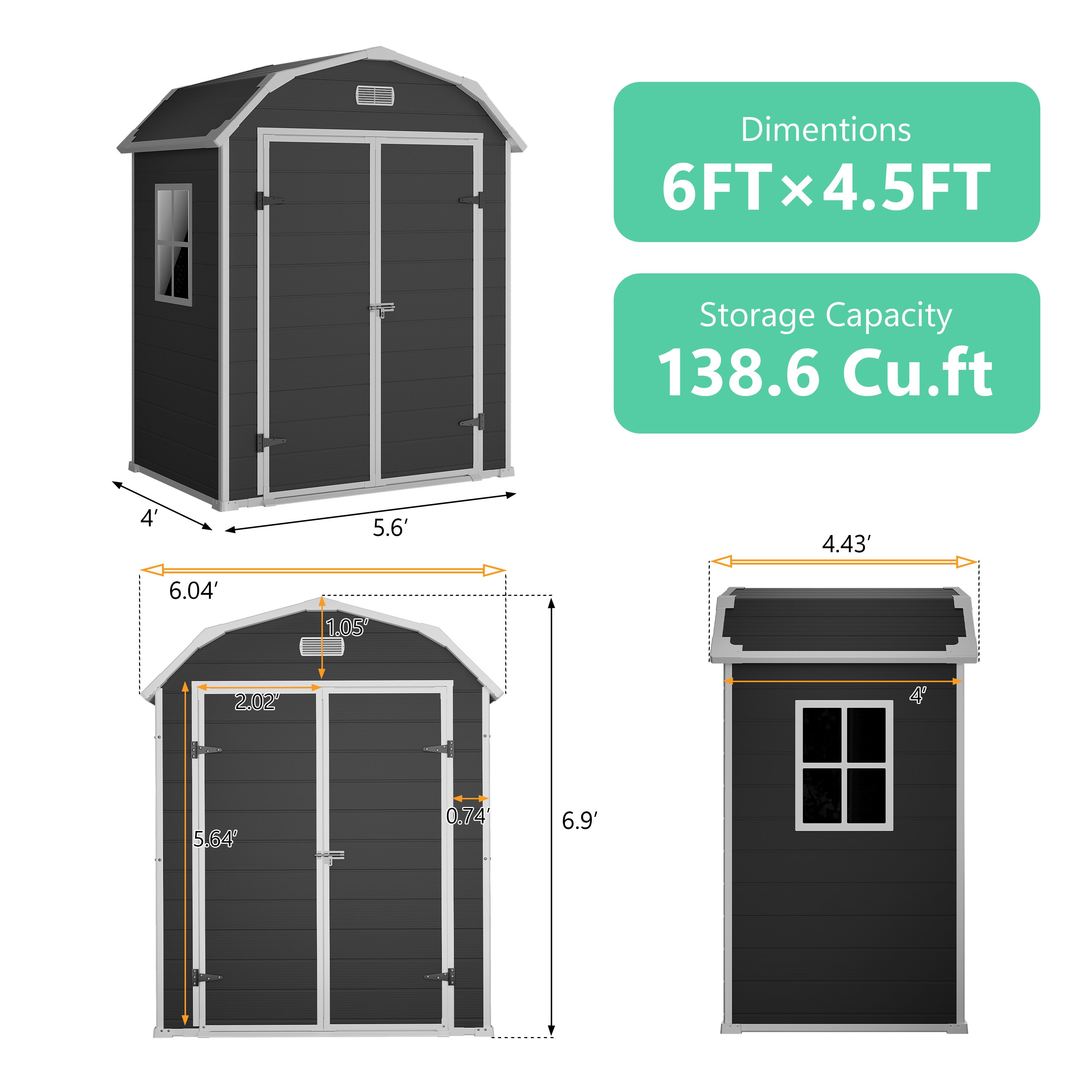 Garvee 6×4.5FT Resin Outdoor Storage Shed, Waterproof Garden Tool Shed with Floor, Window, Vents, Lockable Door & Ramp, UV-Resistant Patio Storage House for Backyard, Black