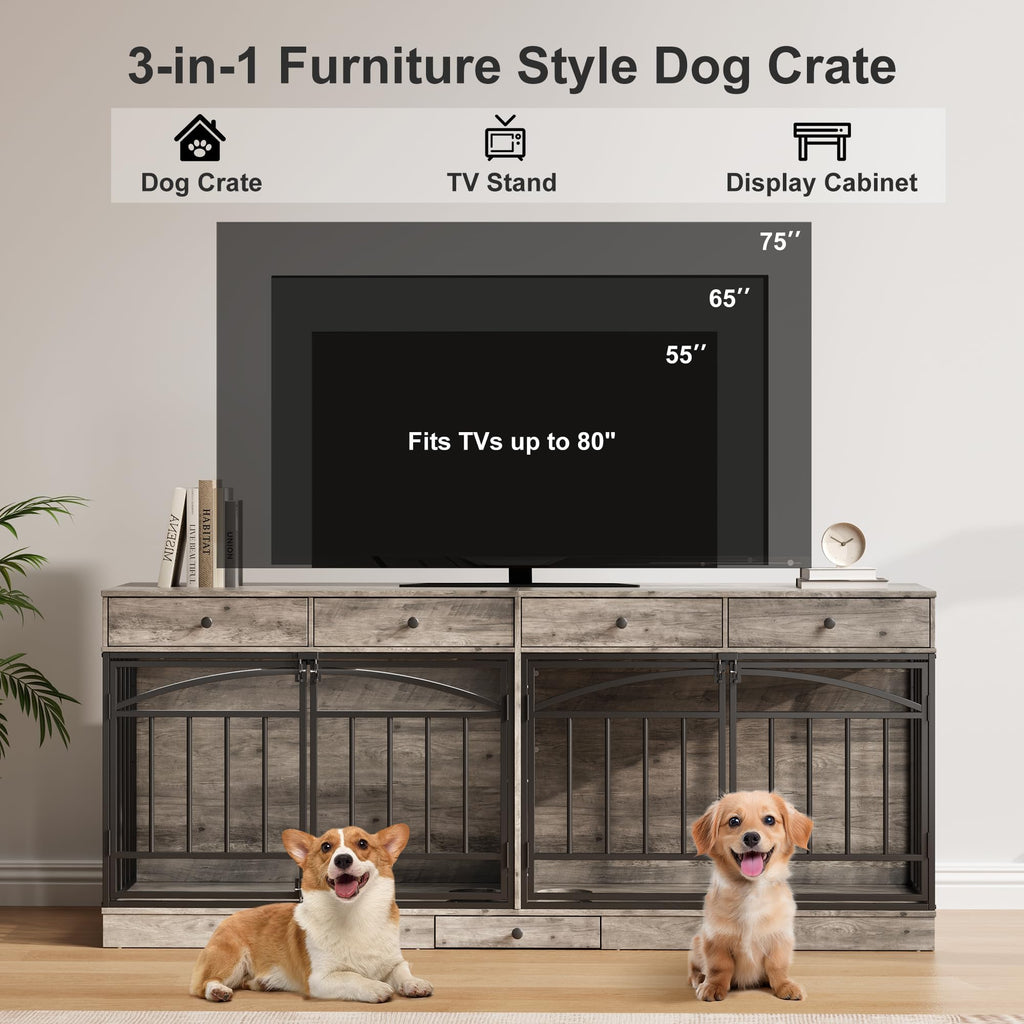 Garvee 78.7" Double Dog Crate Furniture with Storage and 4 Doors, Dog Kennel Indoor with Feeding Bowls, Wood Dog Crate TV Stand for Small Medium Dogs, Gray
