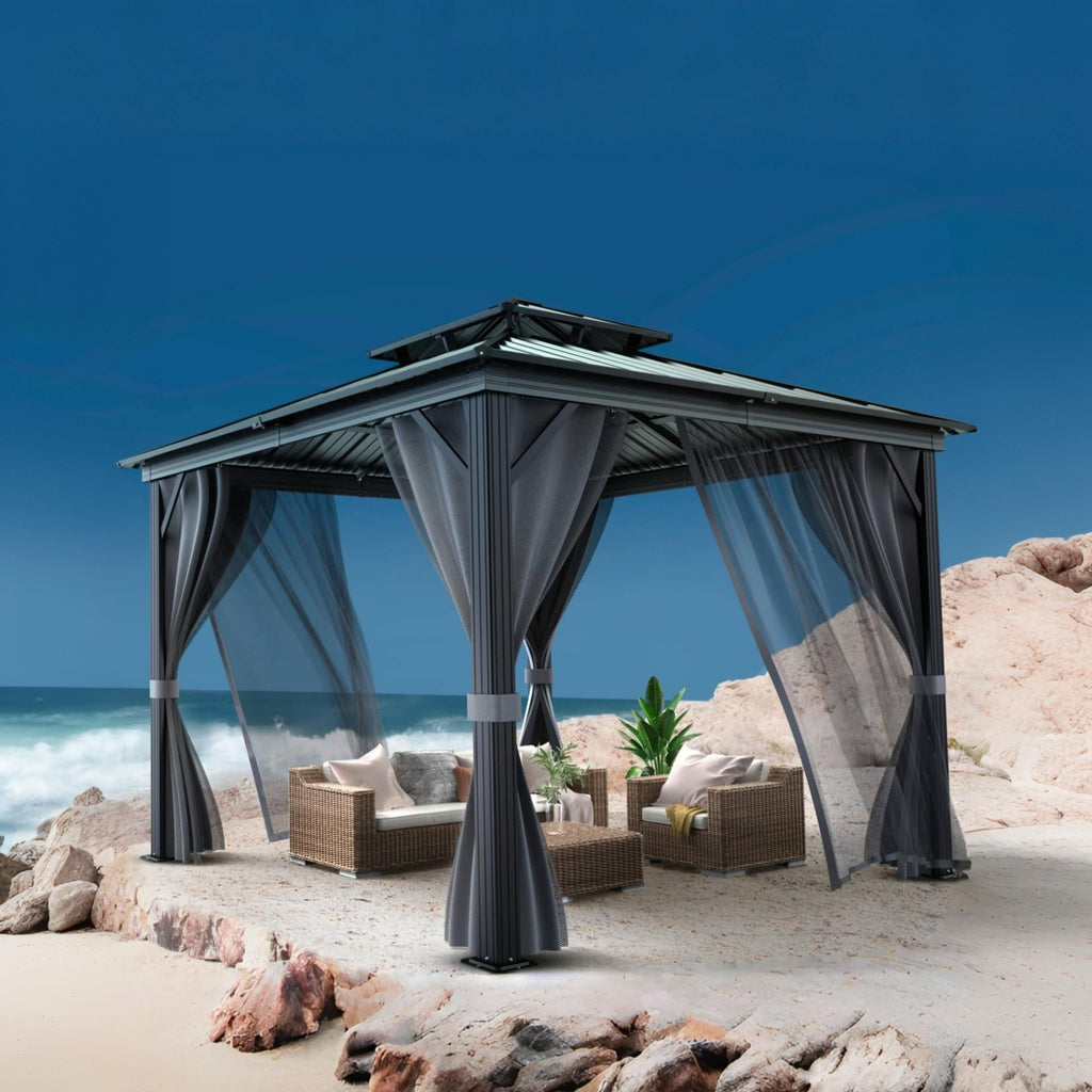 Garvee 10x10 ft Hardtop Gazebo, All-Weather Aluminum Frame Outdoor Pavilion with Double Roof, Mosquito Netting, Privacy Curtains & UPF 50 Protection, Gray