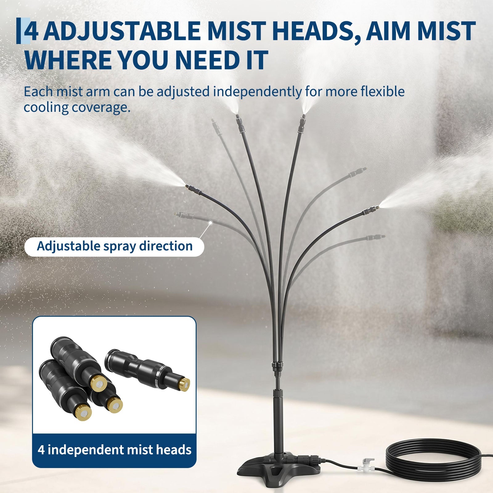 Garvee Outdoor Misting System, 32.8 FT Hose with 4 Adjustable Mist Heads, 5 Connectors and Built-In Switch for Patio, Lawn and Poolside, Black