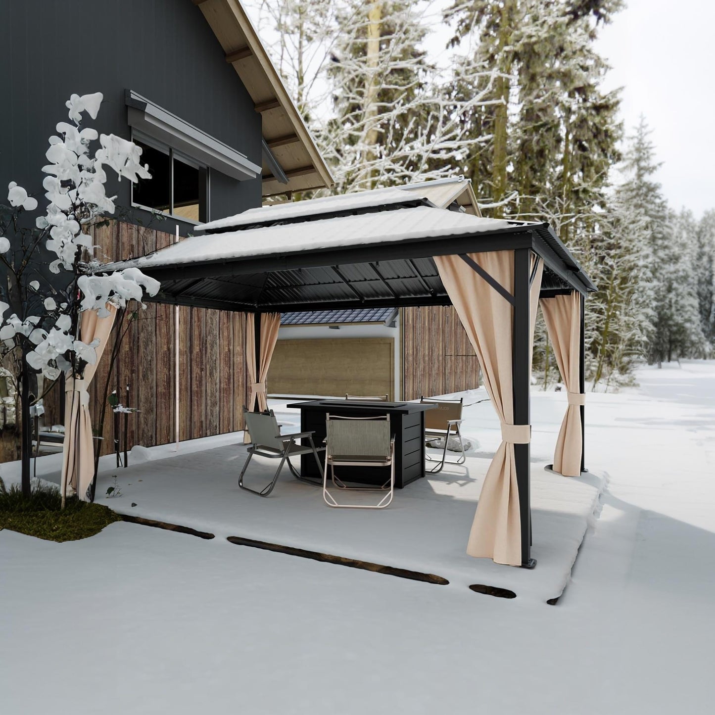 Garvee Hardtop Gazebo, 12 x 16 FT Khaki Permanent Pavilion with Double Metal Roof, Aluminum Alloy Frame, Netting and Curtains for Patio and Backyard