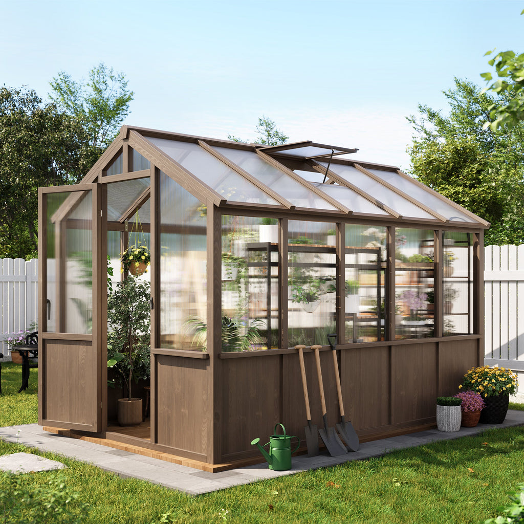 Garvee 6x10 Walk-In Wooden Greenhouse, Heavy Duty Spruce Frame with Polycarbonate Panels, Adjustable Roof Vents & Lockable Door, Outdoor Garden Greenhouse for Backyard, Patio and Lawn, Vintage Color