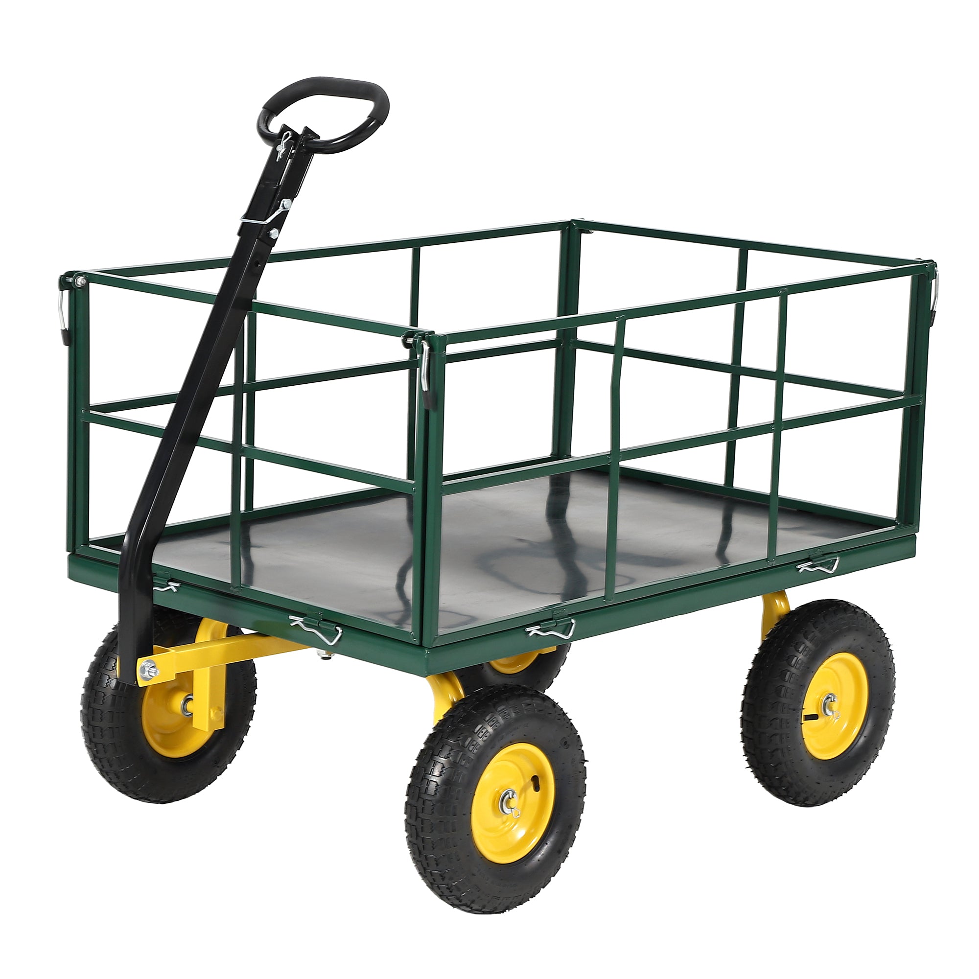 Garvee Heavy Duty 1500 lbs Steel Garden Cart – 3-in-1 Outdoor Utility Wagon with Removable Mesh Sides, 13" All-Terrain Wheels, 180° Rotating Handle – Lawn, Gardening, Plant Transport – 13-inch wheels, yellow rims + dark green frame + black handlebars
