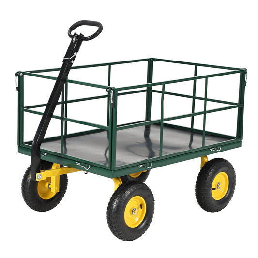 Garvee Heavy Duty 1500 lbs Steel Garden Cart – 3-in-1 Outdoor Utility Wagon with Removable Mesh Sides, 13" All-Terrain Wheels, 180° Rotating Handle – Lawn, Gardening, Plant Transport – 13-inch wheels, yellow rims + dark green frame + black handlebars