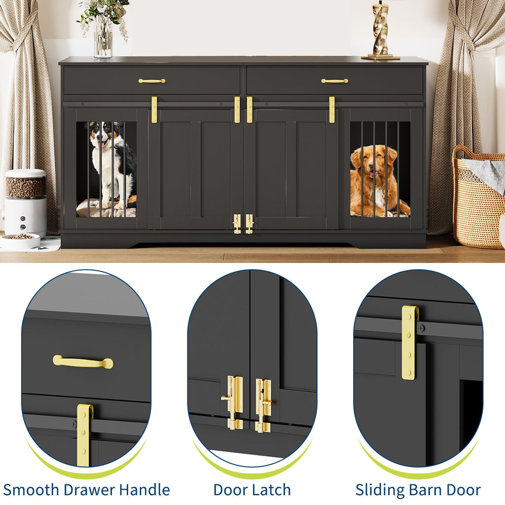 Garvee 71" Extra Large Dog Crate Furniture, Heavy Duty Wood  Double Kennel Furniture with Removable Divider, 2 Lockable Doors & 2 Drawers, Indoor Pet Crate End Table TV Stand for Living Room