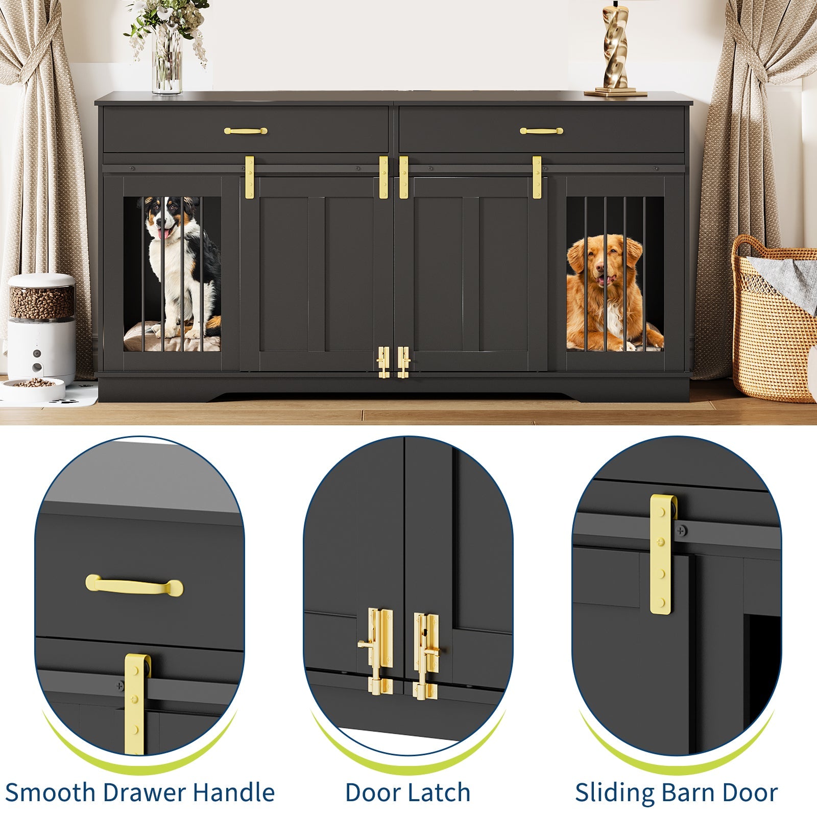 Garvee 71" Extra Large Dog Crate Furniture, Heavy Duty Wood  Double Kennel Furniture with Removable Divider, 2 Lockable Doors & 2 Drawers, Indoor Pet Crate End Table TV Stand for Living Room