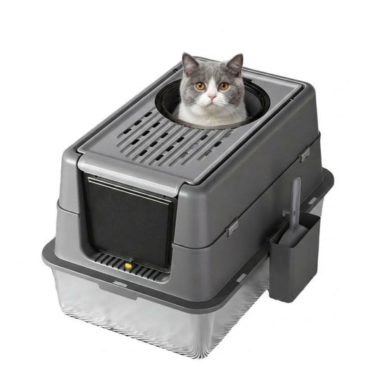 Garvee Extra Large Stainless Steel Cat Litter Box, High Enclosed Sides, Leak-Proof Turn Over Lid, Easy to Clean Large Enclosed Odor Control Litter Box for Cats & Rabbits, 8'' Deep Dark Gray
