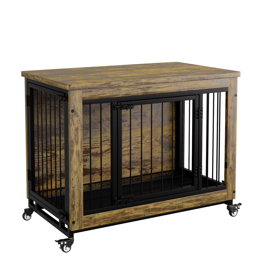 Garvee 38.6" Heavy Duty Dog Crate Furniture with  3 Doors & Wheels, Rustic Indoor Kennel Furniture Pet Crate with Carbon Steel Bars & Removable Tray for Small to Medium Dogs
