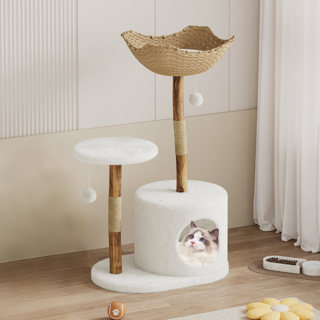 Garvee 46" Modern Cat Tree for Large Cats, Wood Cat Tree Tower with Scratching Posts, Luxury Cat Condo with Scratching Posts and Flower Platforms, Indoor Furniture for Cat Lover Gifts