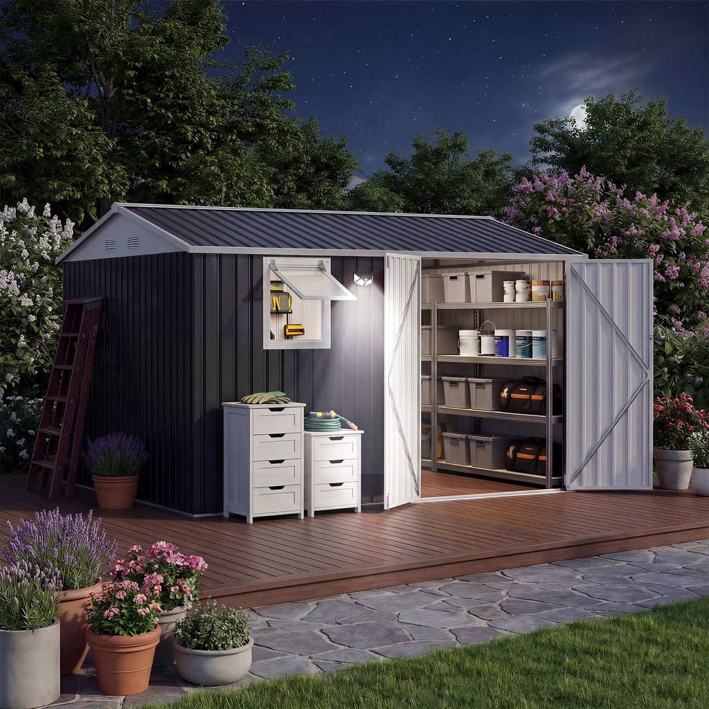 Garvee 10x8FT Black Metal Outdoor Storage Shed with Pushable Window, LED Light & Pegboard, Lockable Double Doors, Sloping Roof, Ventilation, Corrosion-Resistant Steel Garden Tool Shed for Patio, Backyard & Garage