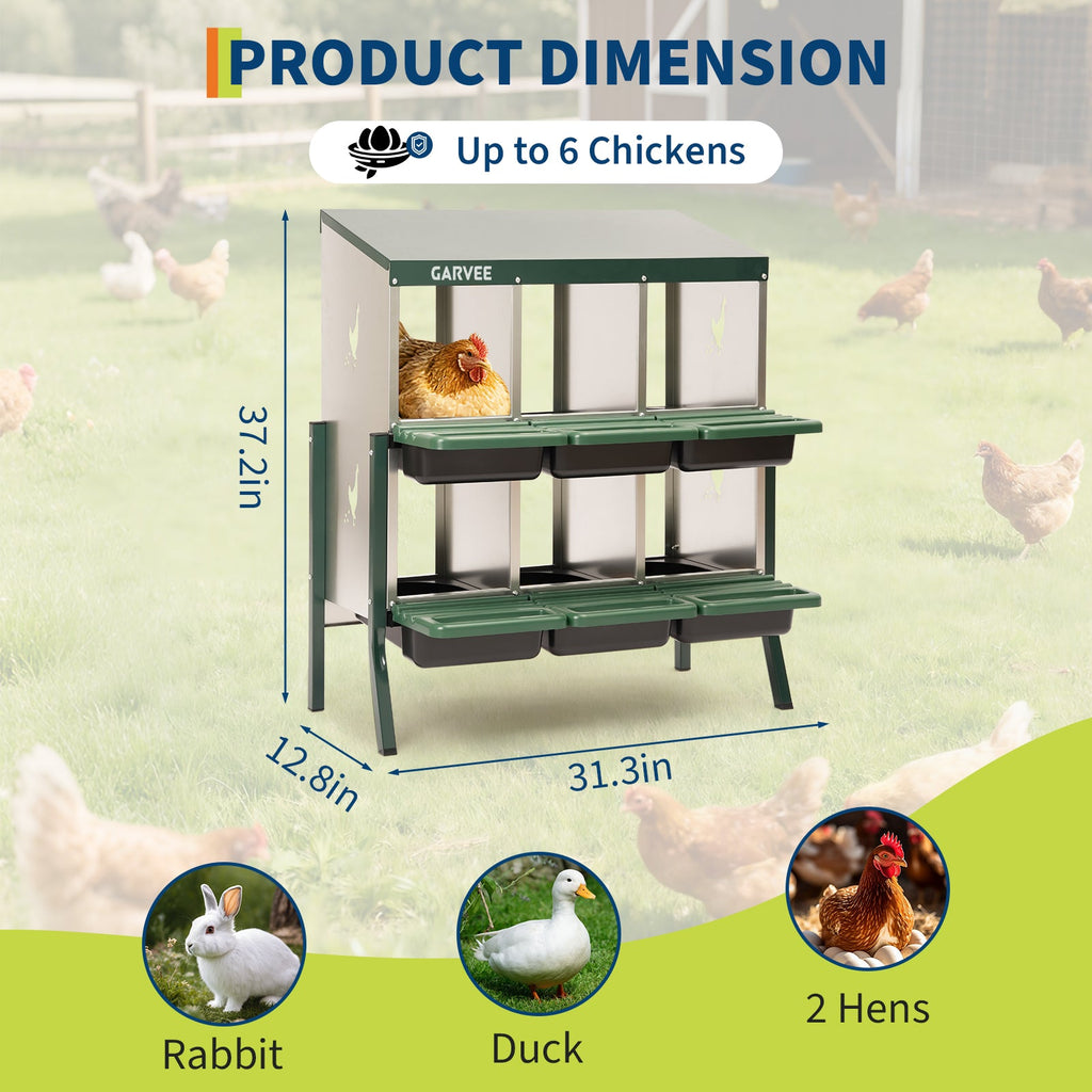 Garvee 6 Compartment Metal Chicken Nesting Box – Heavy Duty, Ventilated, Removable Tray & Perch, Easy Clean, Efficient Egg Collection for Hens, Ducks, Geese – Green with Chicken Design – Size: 6 Compartments, Color: Green (Side Chicken Design)