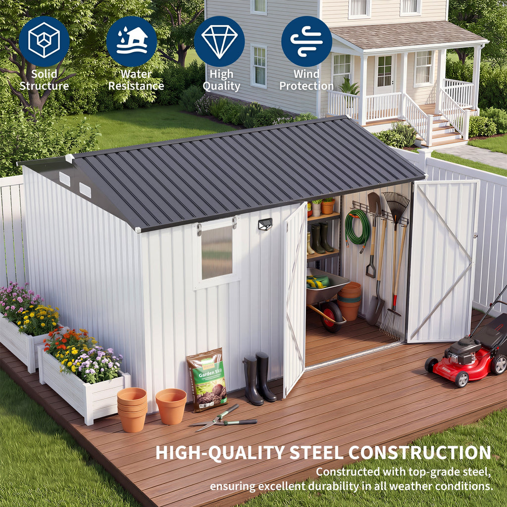 Garvee 10x8FT Metal Outdoor Storage Shed with Pushable Window, LED Light & Pegboard, Lockable Double Doors, Sloping Roof, Ventilation, Corrosion-Resistant Steel Garden Tool Shed for Patio, Backyard & Garage