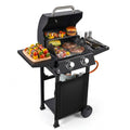 Garvee 2-Burner Propane Gas Grill – 16,000 BTU Matte Black BBQ Cart Grill with Cast Iron Grates, Foldable Side Tables, Built-in Thermometer & Warming Rack for Patio, Tailgating, Camping