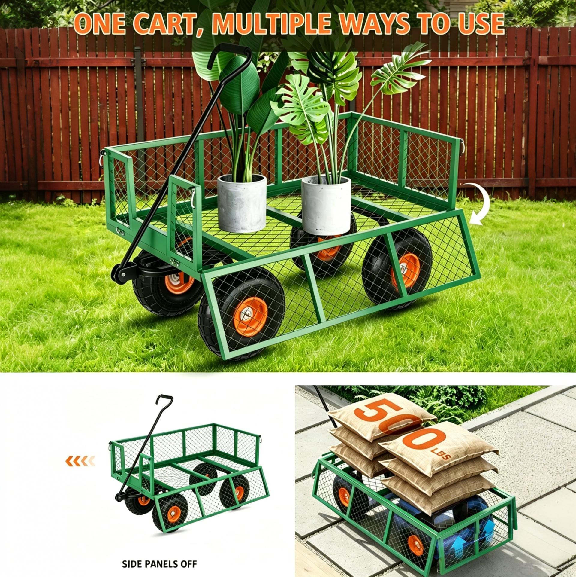 Garvee Green & Orange Steel Garden Cart Wagon, 500 lbs Utility Yard Trolley with Removable Mesh Sides, 10" Wheels & 180° Handle for Lawn Garden Transport