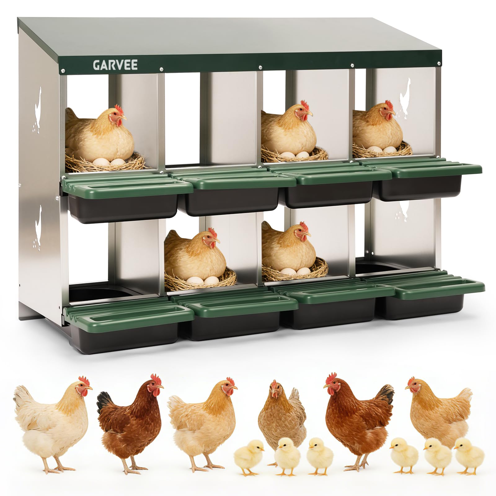 Garvee 8-Compartment Metal Chicken Nesting Box, Roll Away Layering Box with Sloped Anti-Perch Roof, 41.7"x12.8"x30.9", Green