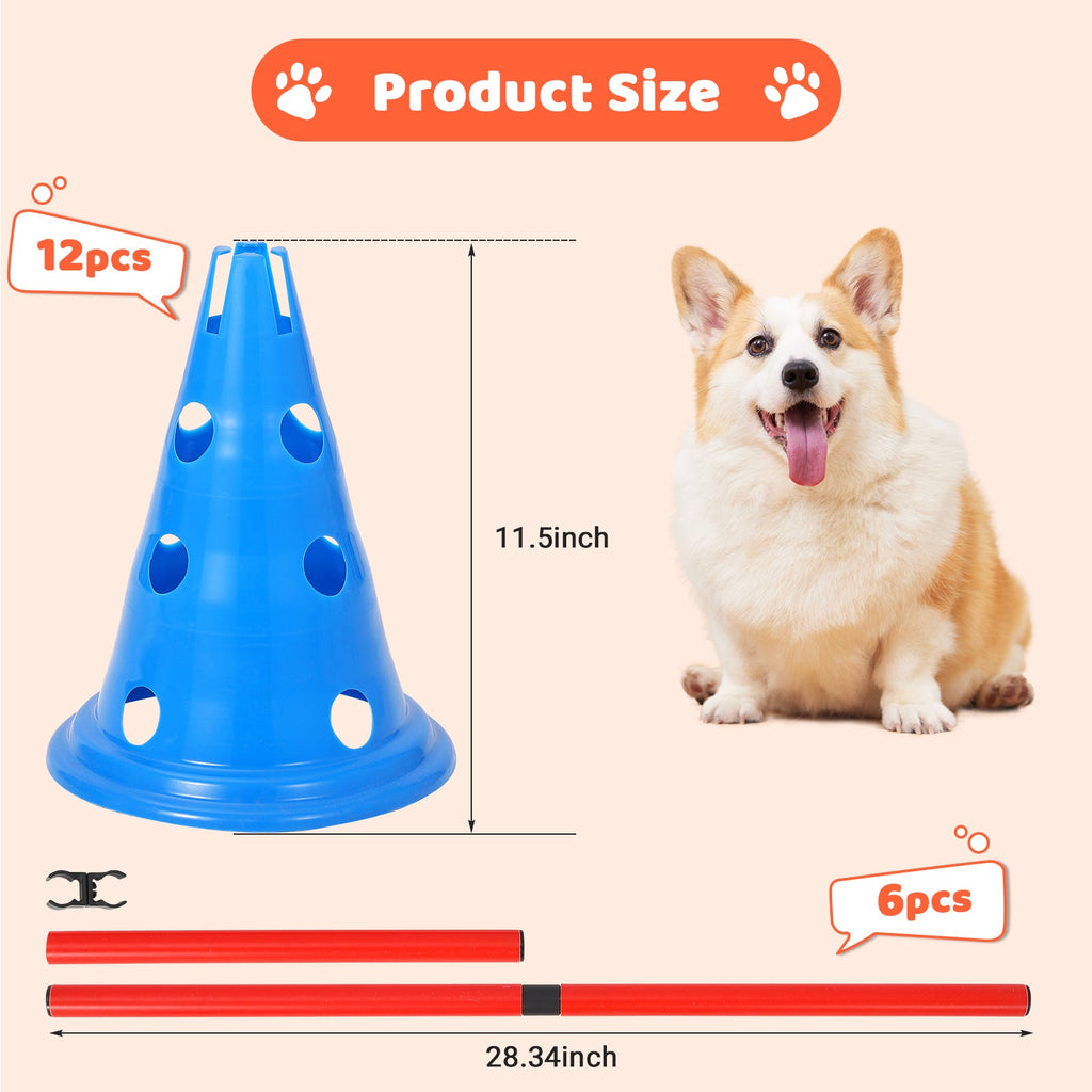 Garvee Dog Agile Hurdle Cone Set, Dog Agile Training Equipment 4-Height Adjustable Obstacle with Storage Bag, for Beginners & Advanced, Puppy Agile Training Hurdle 12 Cones & 6 Agile Rods Combo