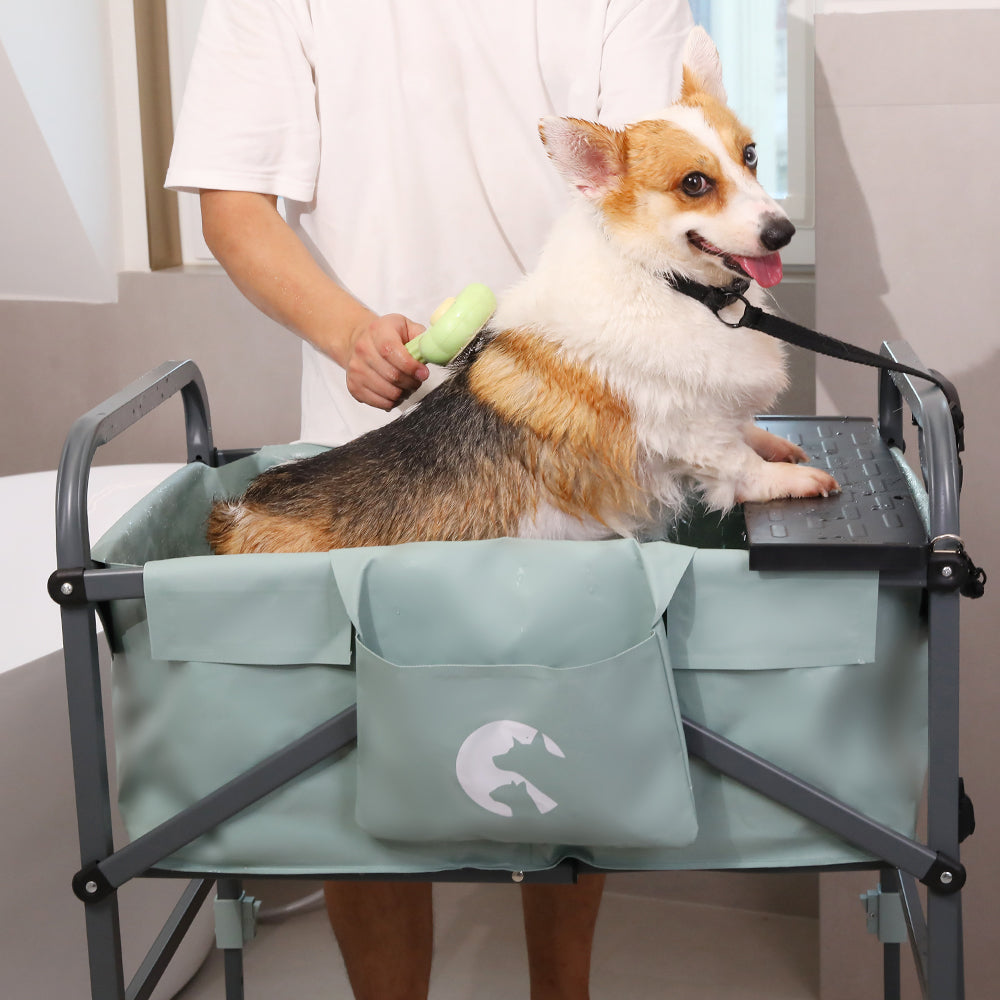Garvee Portable Dog Bath Tub for Small & Medium Dogs, Folding Elevated Pet Grooming Station with Wheels, 4-Level Adjustable Height, Dog Wash Station for Home, 1000D PVC, Fits Up to 33 lbs, Green