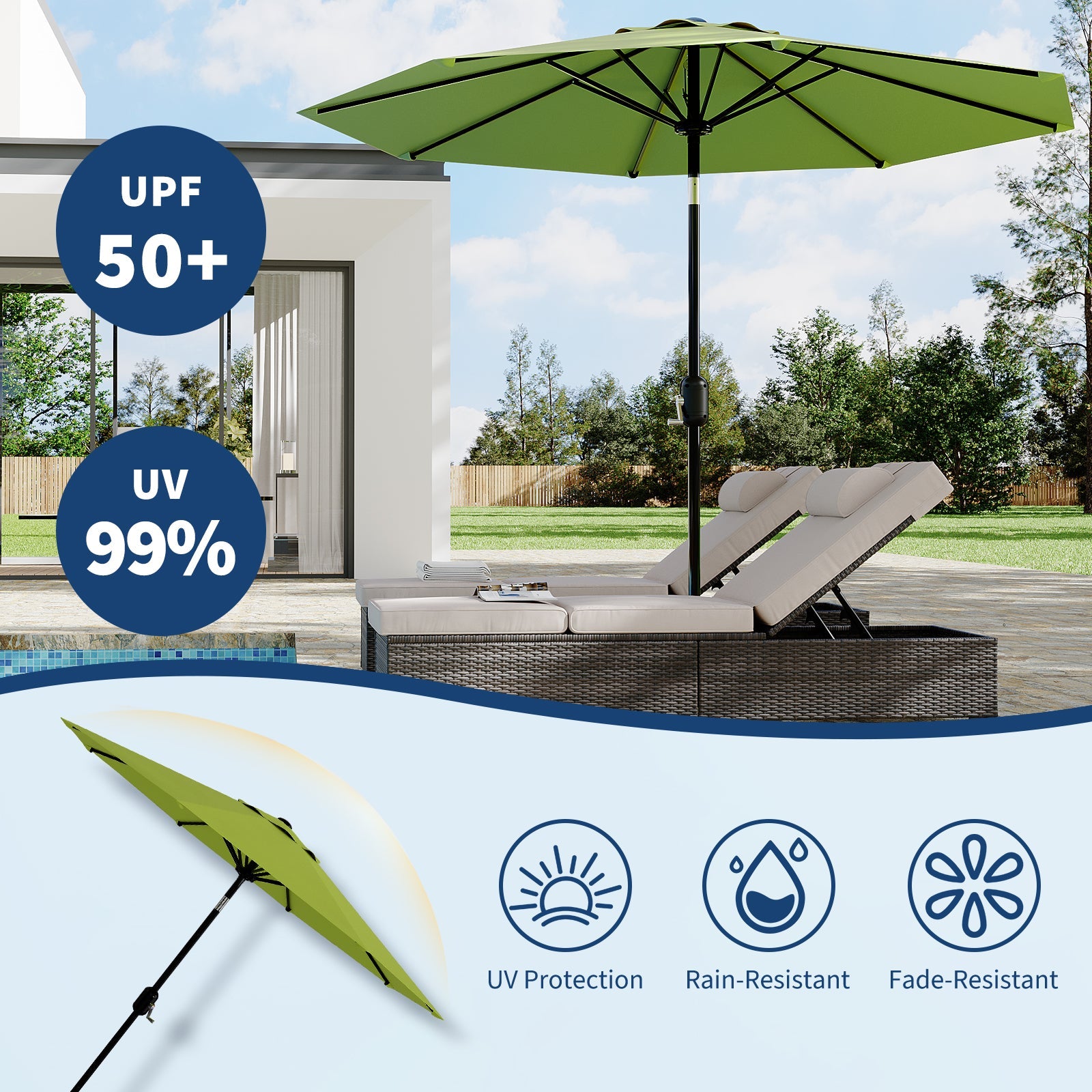 Garvee 9 ft Outdoor Patio Umbrella with 8 Sturdy Ribs, Crank Lift, Push-Button Tilt & UV-Resistant Waterproof Canopy for Pool, Deck, Yard & Garden, Grass Green