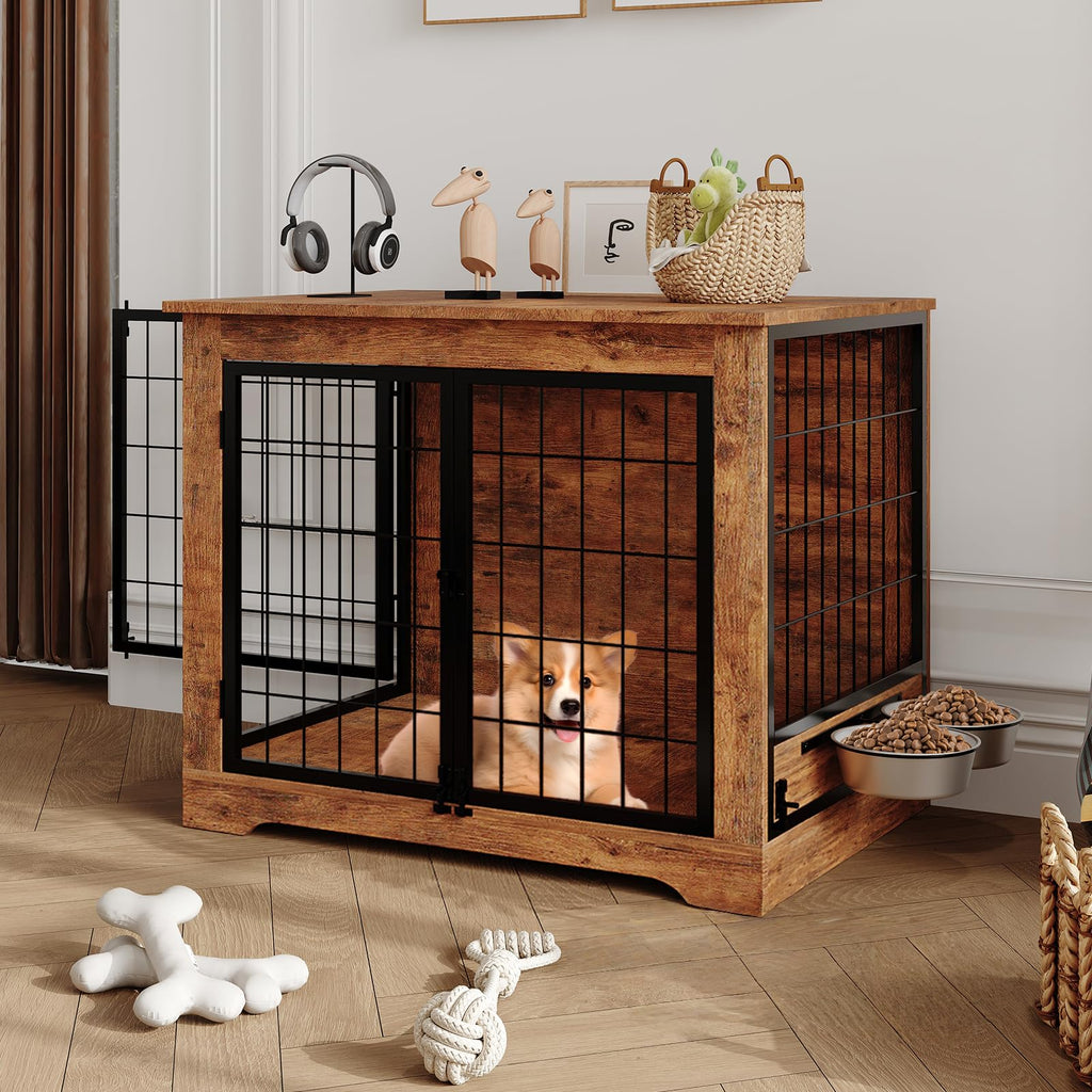Garvee 32 in Heavy Duty Dog Crate Furniture Rustic Wooden Dog Cage Kennel Indoor Furniture with 2 Rotating Dog Bowls Chew-Resistant Dog Kennel for Small, Medium Dogs