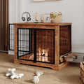 Garvee 32 in Heavy Duty Dog Crate Furniture Rustic Wooden Dog Cage Kennel Indoor Furniture with 2 Rotating Dog Bowls Chew-Resistant Dog Kennel for Small, Medium Dogs