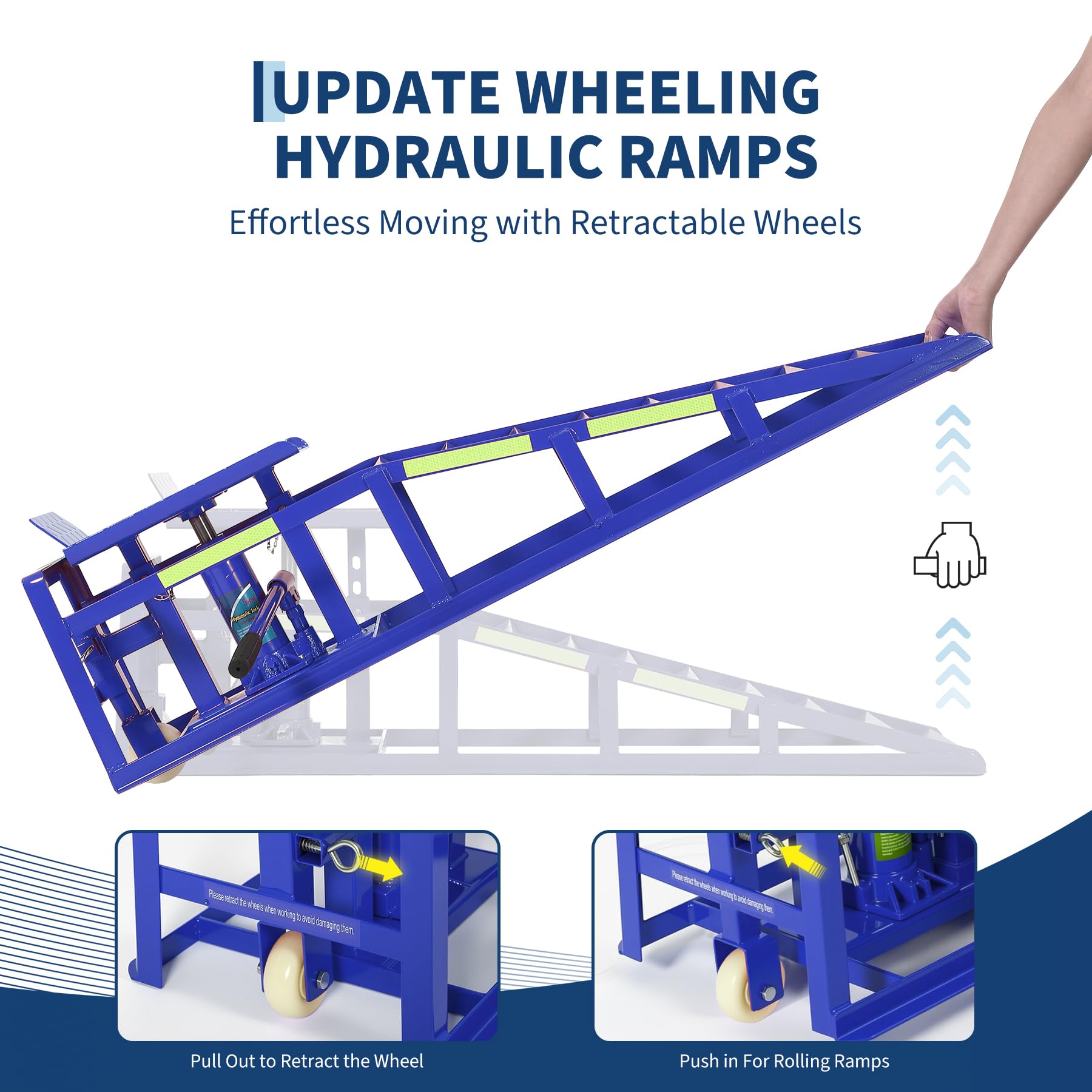 Garvee 2PC Hydraulic Car Ramps with Wheels - 5T/11,050 lbs Capacity, 9"-14.2" Lifting Range, Heavy-Duty Car Lift Ramps with Night-Reflective Stickers for Home and Garage, Blue