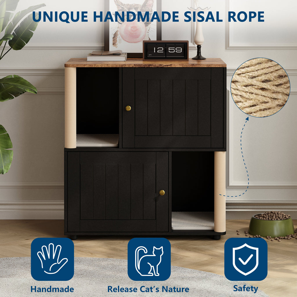 Garvee Double Cat Litter Box Enclosure Furniture for 2 Cats – 2-Tier Modern Wooden Cabinet with Hidden Litter, Sisal Marking Posts, Dual Mats, Odor Control, End Table Storage – Grooved Black Door