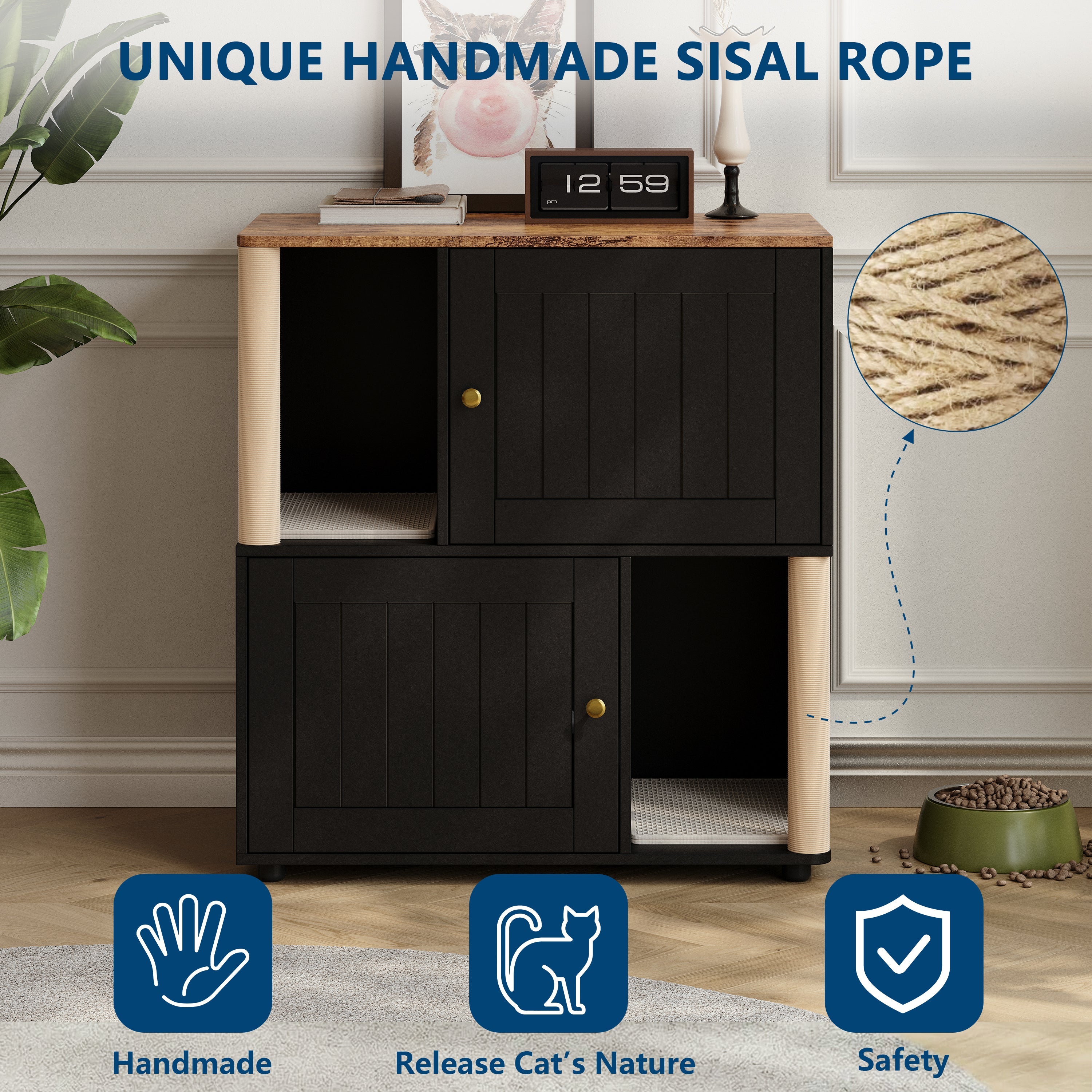 Garvee Double Cat Litter Box Enclosure Furniture for 2 Cats – 2-Tier Modern Wooden Cabinet with Hidden Litter, Sisal Marking Posts, Dual Mats, Odor Control, End Table Storage – Grooved Black Door