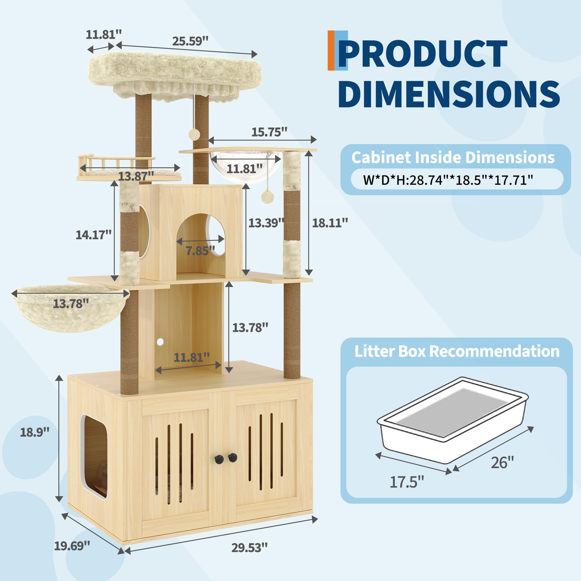 Garvee Multi-Level Cat Tree with Litter Box Enclosure – Hidden Litter Box, Soft Perch, Sisal Scratching Posts, Condo & Hammock for Large Indoor Cats – Modern Cat Tower Furniture – Natural Wood Color